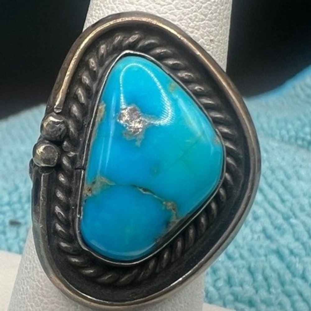 Vintage Sterling Silver Ring Southwestern Blue Semi Precious Gem Stone 6.25 8g